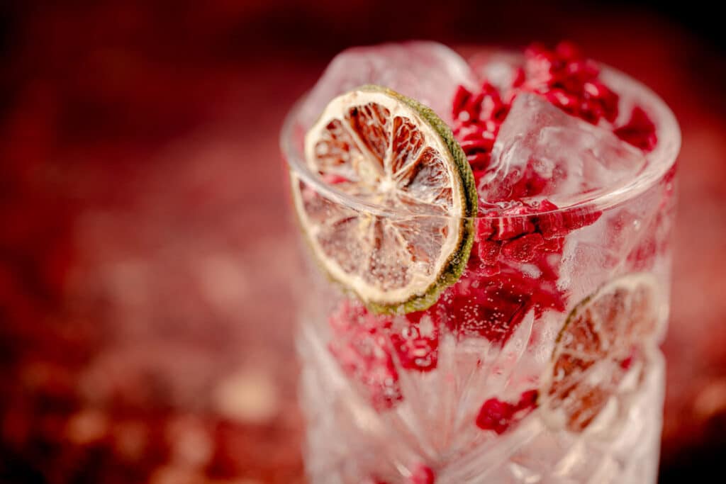 RC3-January25-FullAlbum-67 A clear, fizzy cocktail on the rocks in a cut crystal glass, garnished with red pomegranate arils and a dried lime slice.
