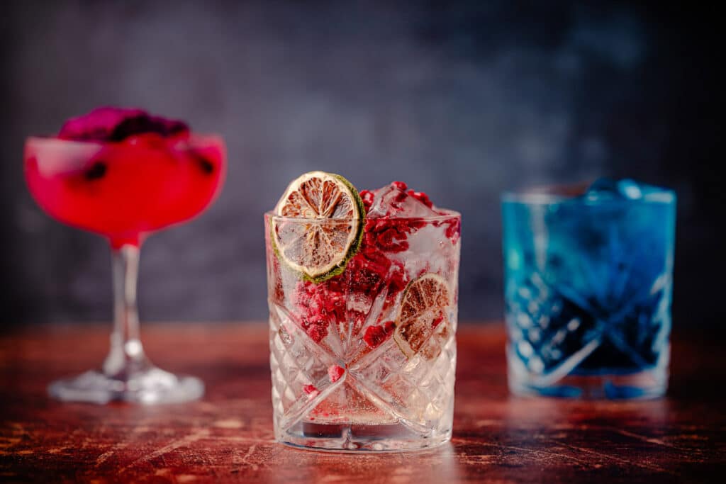 RC3-January25-FullAlbum-69 Several brightly colored cocktails in high-end glassware.