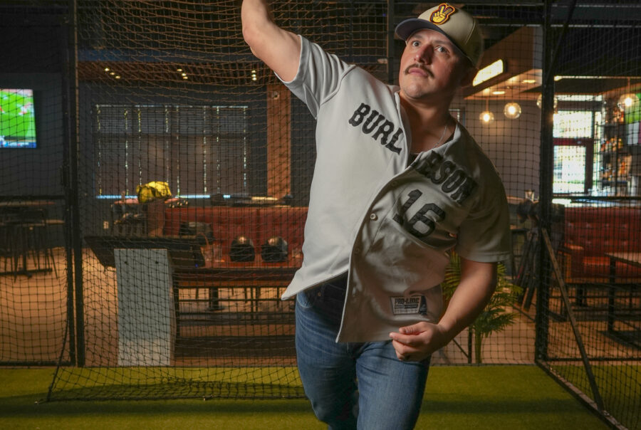 Baseball simulator pitching challenge experience at Batbox Dallas indoor sports entertainment venue